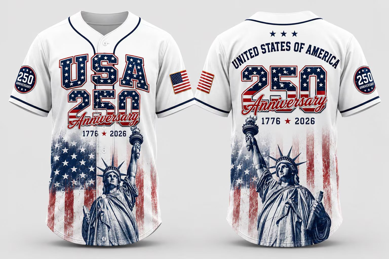 USA 250Th Anniversary Baseball Jersey, Patriotic Statue of Liberty Print Shirt, America 1776–2026 Shirt, Fourth of July Gift for Him