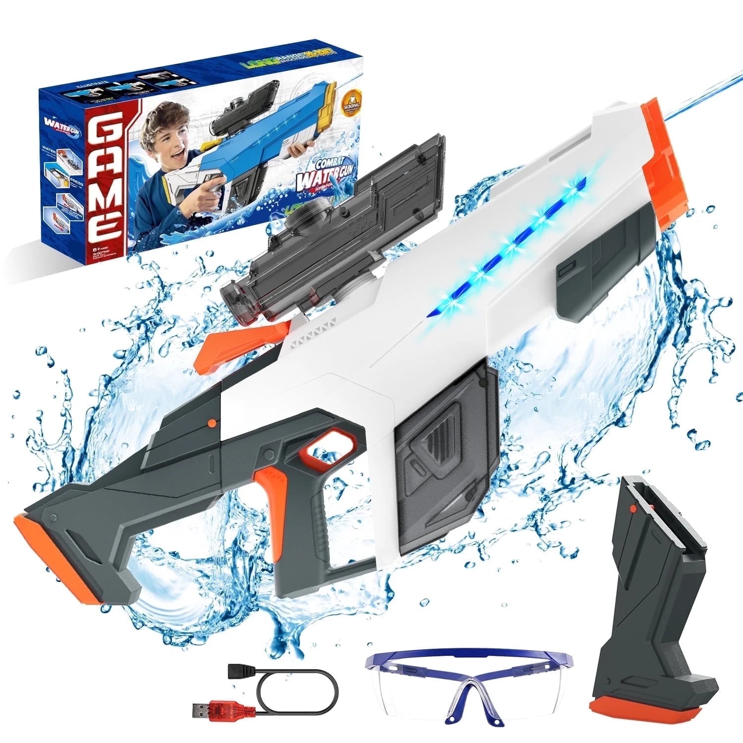 Electric Water Blaster with Light, Automatic Manual Suction 2-In-1 Water Blaster for Adult Kids, Squirt Blaster39 Ft Range, Pool Beach Outdoor Party Toys, White