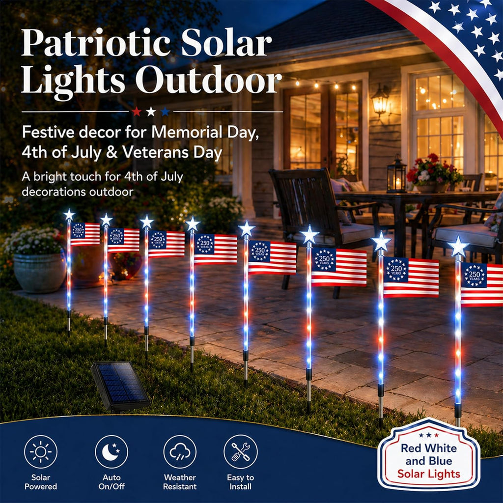 8 Pack Solar American Flag Lights Outdoor, Weather-Resistant Patriotic Pathway Stake Lights with 8 Modes, Red White Blue Solar Flag Lights for Yard Garden Walkway, 4Th of July Decorations (Style B)