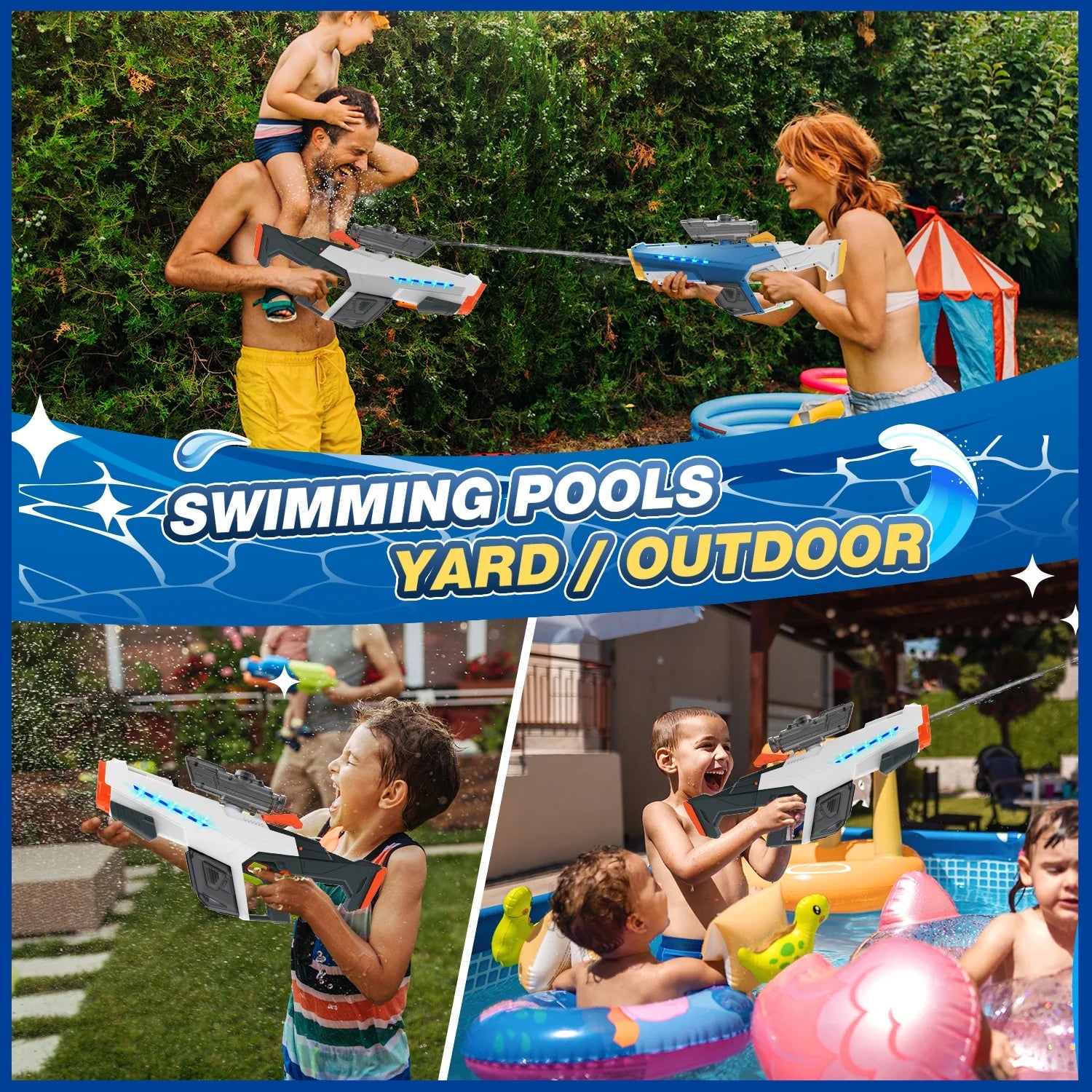 Electric Water Blaster with Light, Automatic Manual Suction 2-In-1 Water Blaster for Adult Kids, Squirt Blaster39 Ft Range, Pool Beach Outdoor Party Toys, White