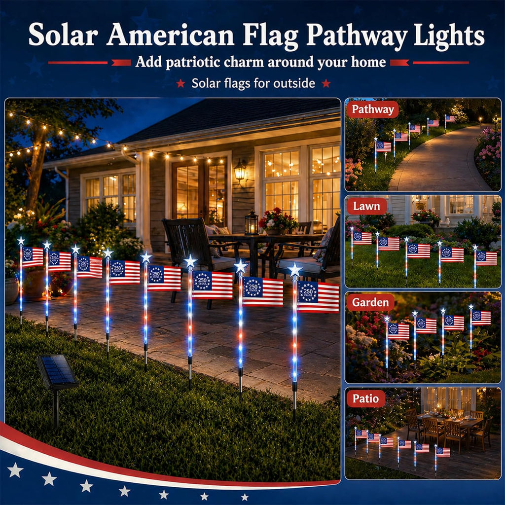 8 Pack Solar American Flag Lights Outdoor, Weather-Resistant Patriotic Pathway Stake Lights with 8 Modes, Red White Blue Solar Flag Lights for Yard Garden Walkway, 4Th of July Decorations (Style B)