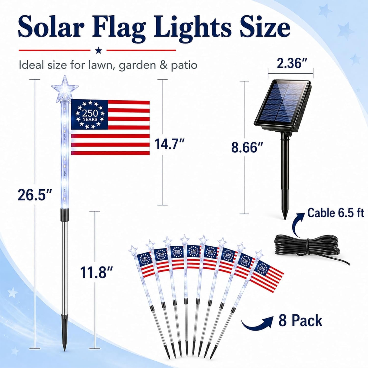 8 Pack Solar American Flag Lights Outdoor, Weather-Resistant Patriotic Pathway Stake Lights with 8 Modes, Red White Blue Solar Flag Lights for Yard Garden Walkway, 4Th of July Decorations (Style B)