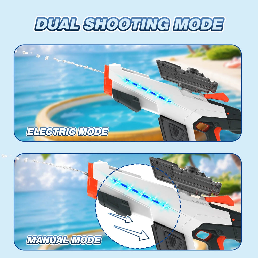 Electric Water Blaster with Light, Automatic Manual Suction 2-In-1 Water Blaster for Adult Kids, Squirt Blaster39 Ft Range, Pool Beach Outdoor Party Toys, White