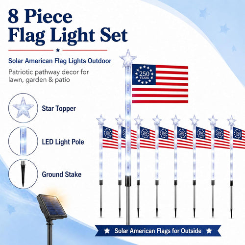 8 Pack Solar American Flag Lights Outdoor, Weather-Resistant Patriotic Pathway Stake Lights with 8 Modes, Red White Blue Solar Flag Lights for Yard Garden Walkway, 4Th of July Decorations (Style B)