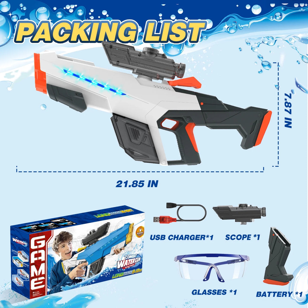 Electric Water Blaster with Light, Automatic Manual Suction 2-In-1 Water Blaster for Adult Kids, Squirt Blaster39 Ft Range, Pool Beach Outdoor Party Toys, White