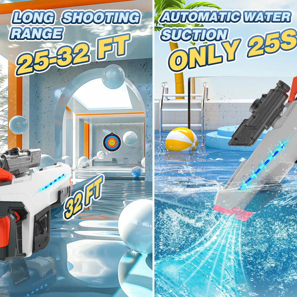 Electric Water Blaster with Light, Automatic Manual Suction 2-In-1 Water Blaster for Adult Kids, Squirt Blaster39 Ft Range, Pool Beach Outdoor Party Toys, White