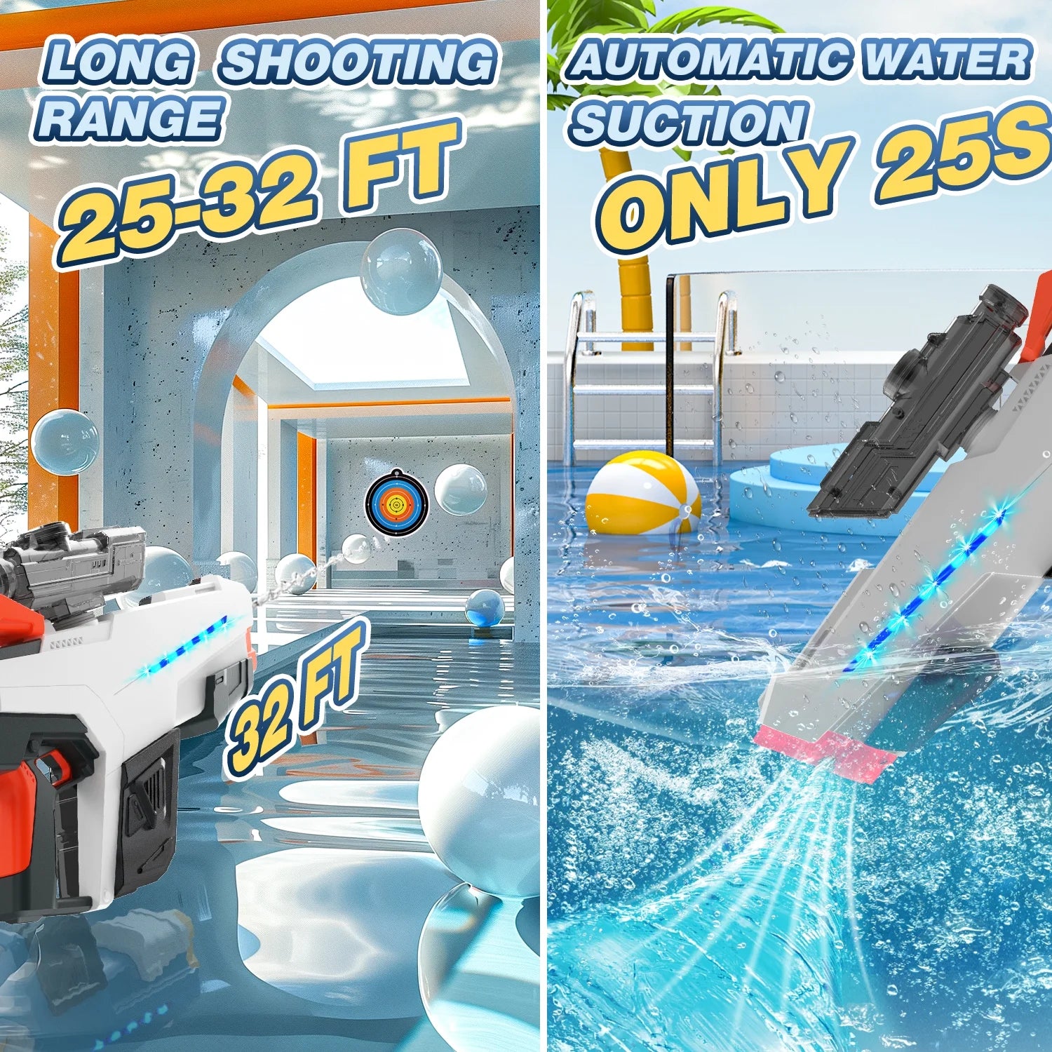 Electric Water Blaster with Light, Automatic Manual Suction 2-In-1 Water Blaster for Adult Kids, Squirt Blaster39 Ft Range, Pool Beach Outdoor Party Toys, White