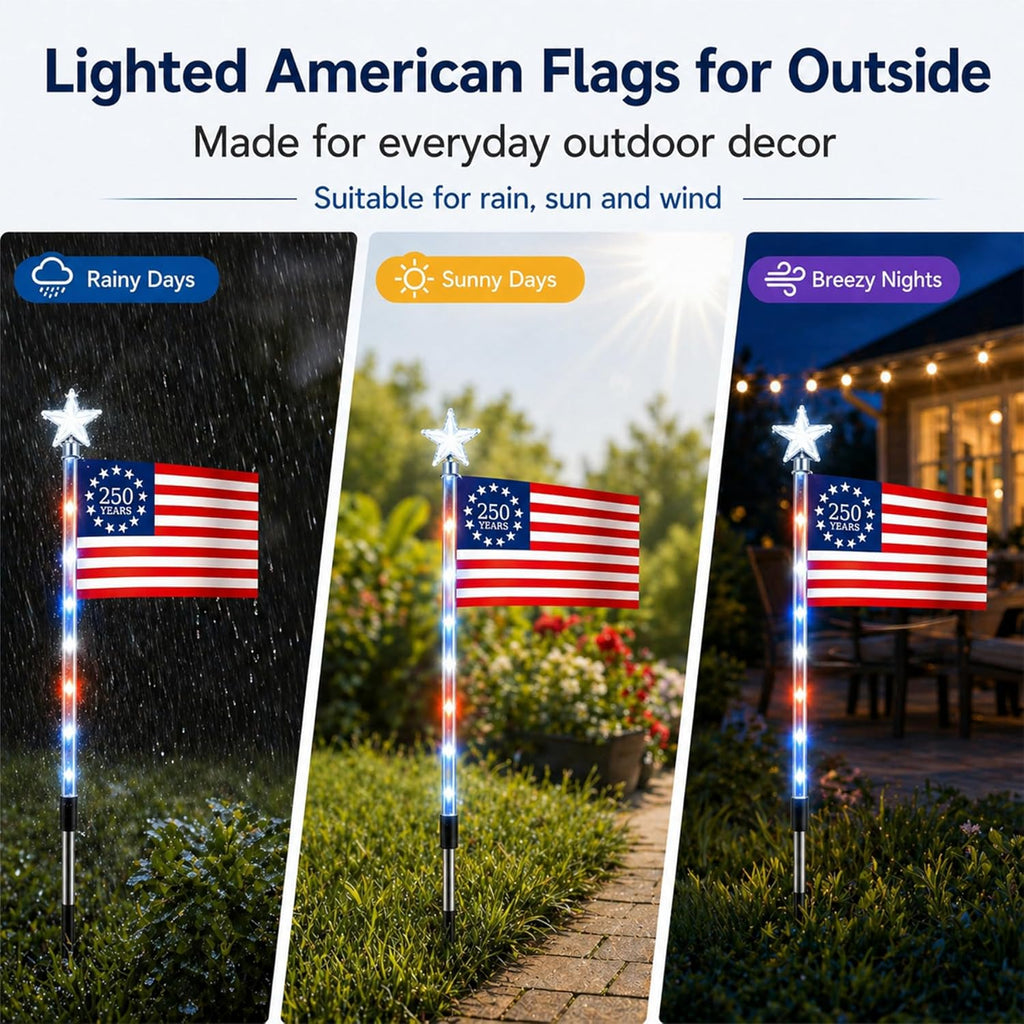 8 Pack Solar American Flag Lights Outdoor, Weather-Resistant Patriotic Pathway Stake Lights with 8 Modes, Red White Blue Solar Flag Lights for Yard Garden Walkway, 4Th of July Decorations (Style B)