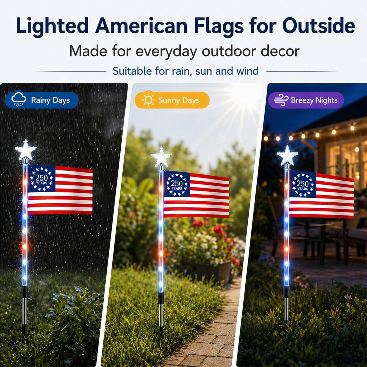 8 Pack Solar American Flag Lights Outdoor, Weather-Resistant Patriotic Pathway Stake Lights with 8 Modes, Red White Blue Solar Flag Lights for Yard Garden Walkway, 4Th of July Decorations (Style B)