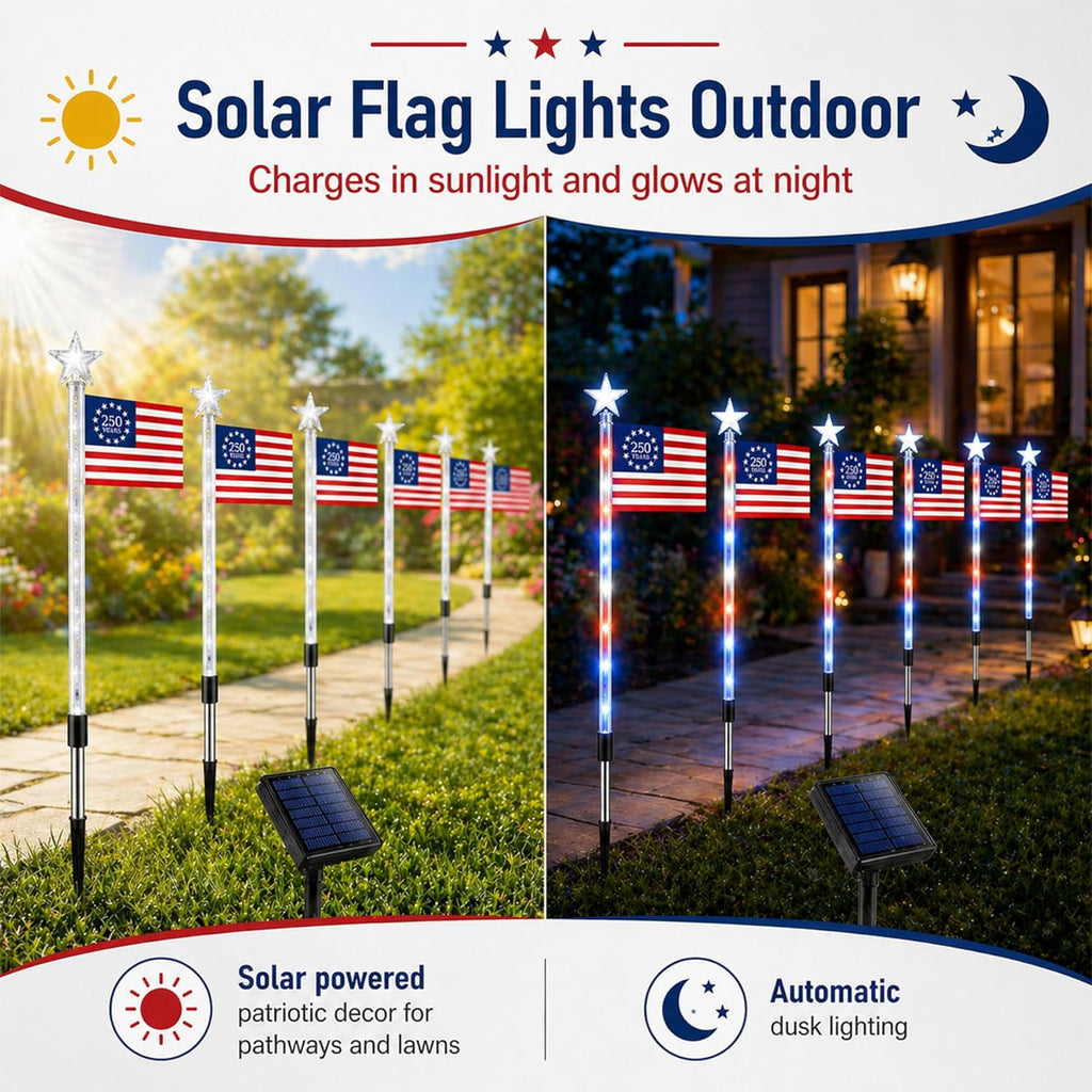 8 Pack Solar American Flag Lights Outdoor, Weather-Resistant Patriotic Pathway Stake Lights with 8 Modes, Red White Blue Solar Flag Lights for Yard Garden Walkway, 4Th of July Decorations (Style B)