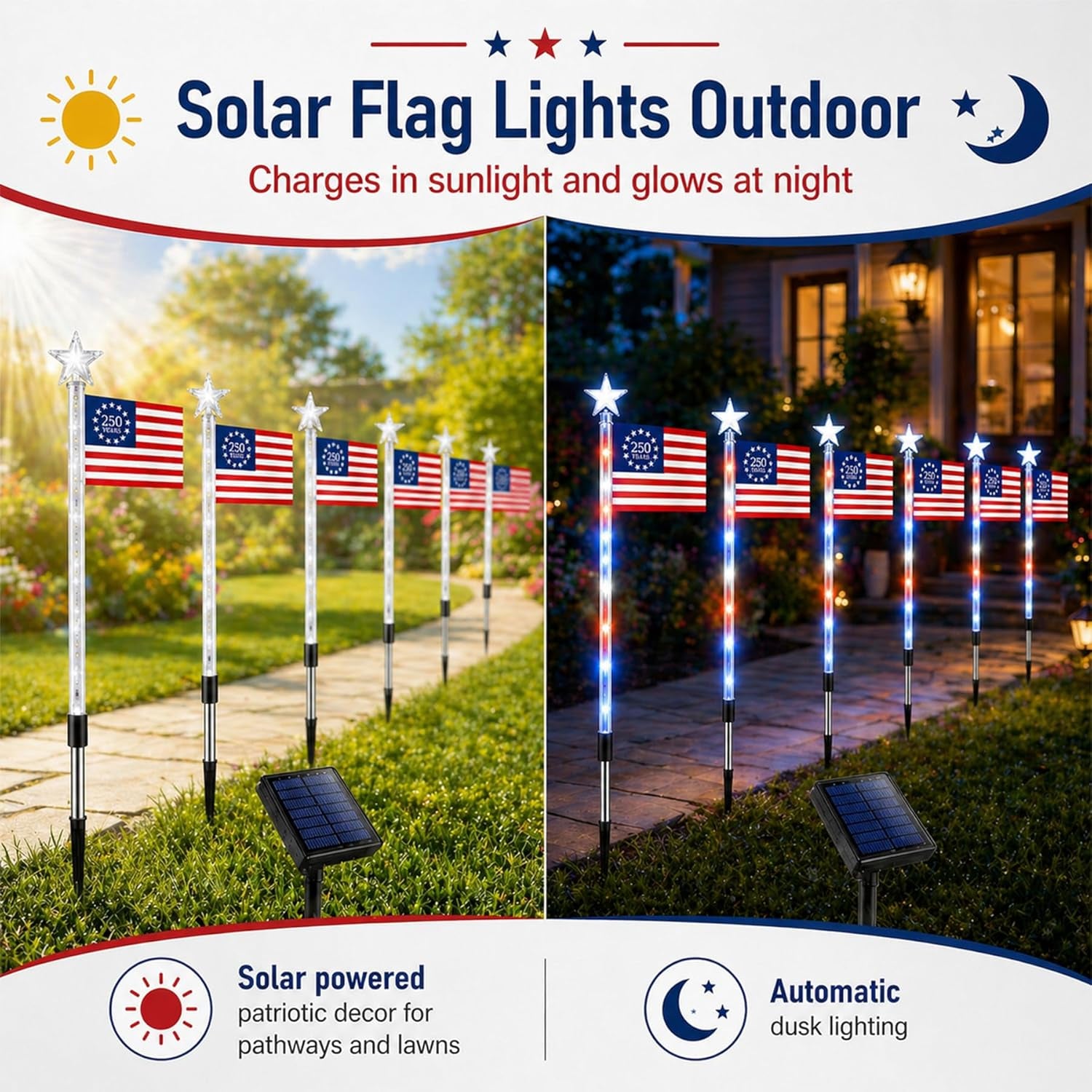 8 Pack Solar American Flag Lights Outdoor, Weather-Resistant Patriotic Pathway Stake Lights with 8 Modes, Red White Blue Solar Flag Lights for Yard Garden Walkway, 4Th of July Decorations (Style B)