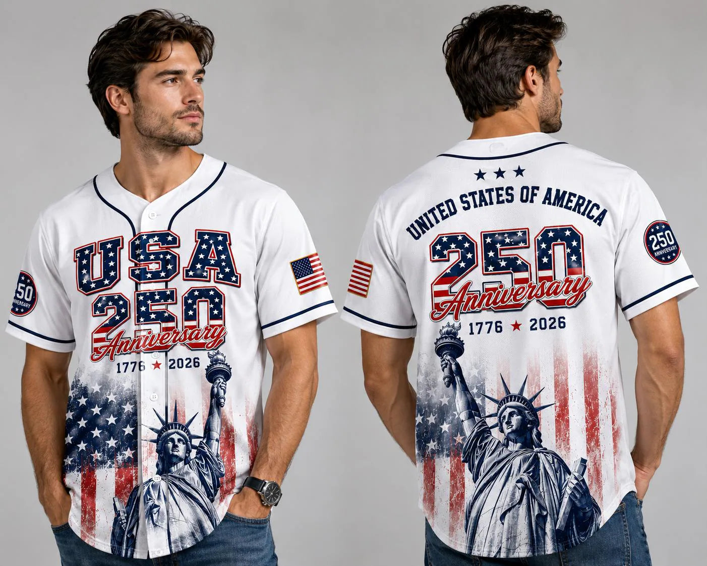 USA 250Th Anniversary Baseball Jersey, Patriotic Statue of Liberty Print Shirt, America 1776–2026 Shirt, Fourth of July Gift for Him